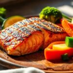Salmão grelhado com legumes