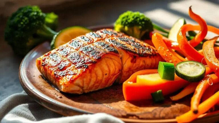 Receita de Salmão Grelhado com Legumes: Como Fazer Fácil 6 Salmão grelhado com legumes