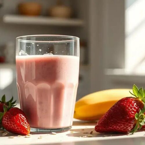 Receita de shake proteico de morango fácil e leve 1 Shake proteico de morango